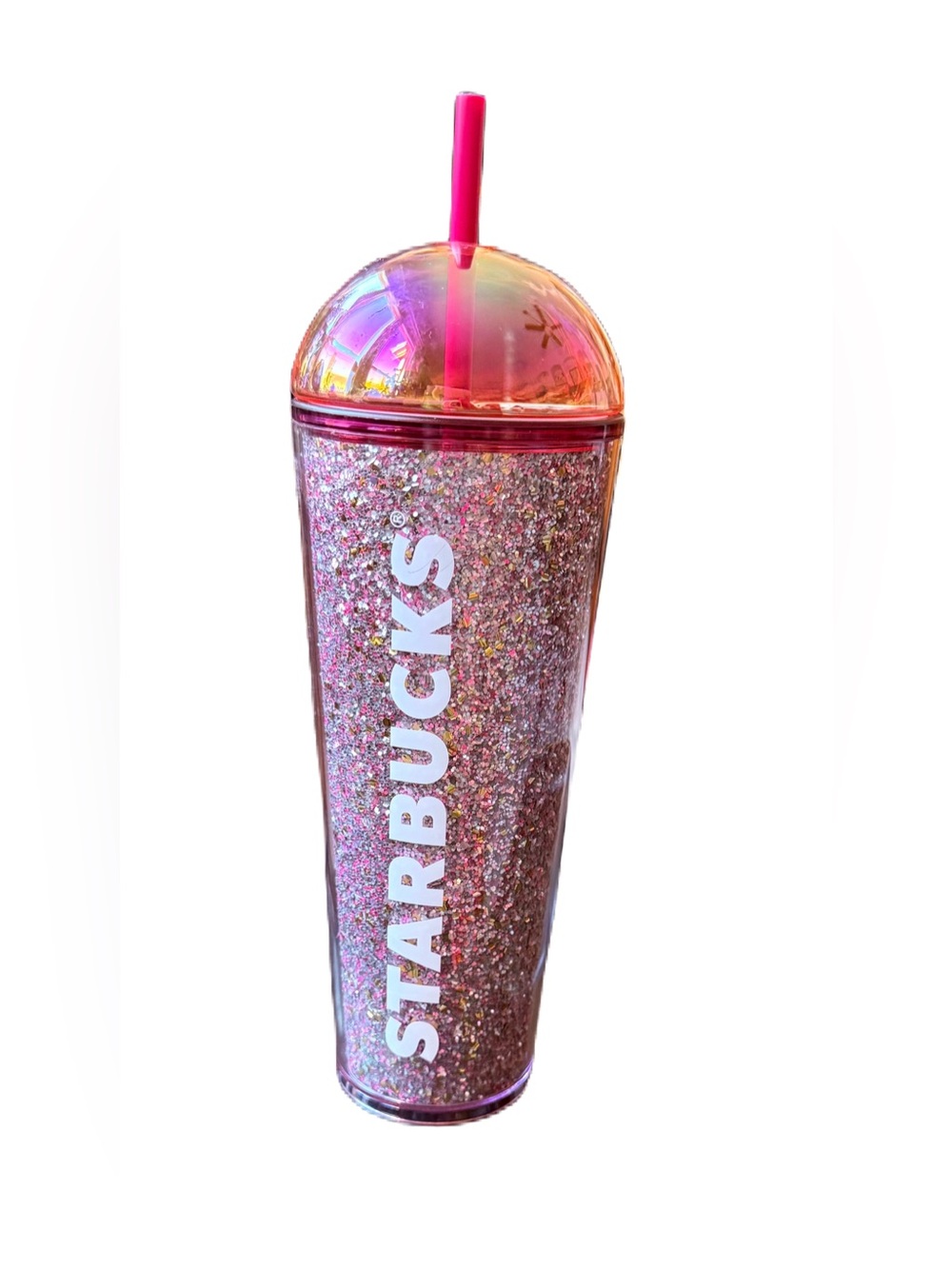 Starbucks Pink & Silver Glitter Iridescent Dome Tumbler with Matching Straw NWT